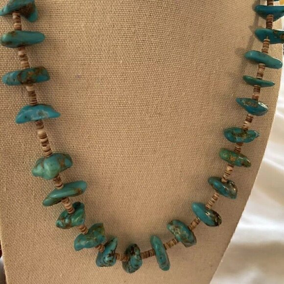 Vintage Native American Turquoise Graduated Heishi Shell Necklace Flat Nuggets - Picture 9 of 16